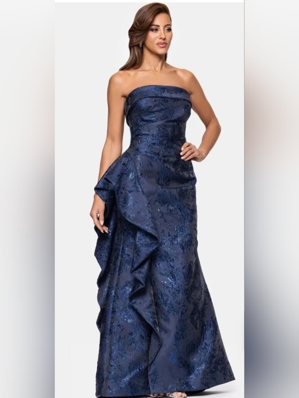 Xscape Strapless Navy Jacquard Evening Gown.